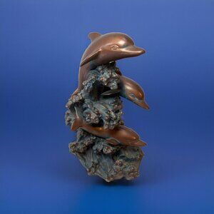 Dolphins Riding Waves Statue Figurine Brown/‎ Copper Resin Home Decor